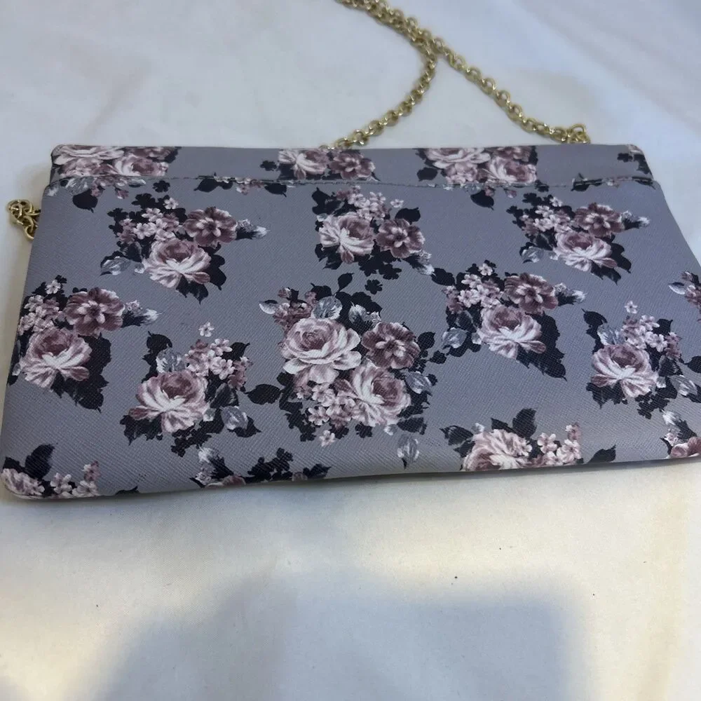 #8604 GUESS FLORAL LILAC CLUTCH PURSE CHAIN OVER SHOULDER